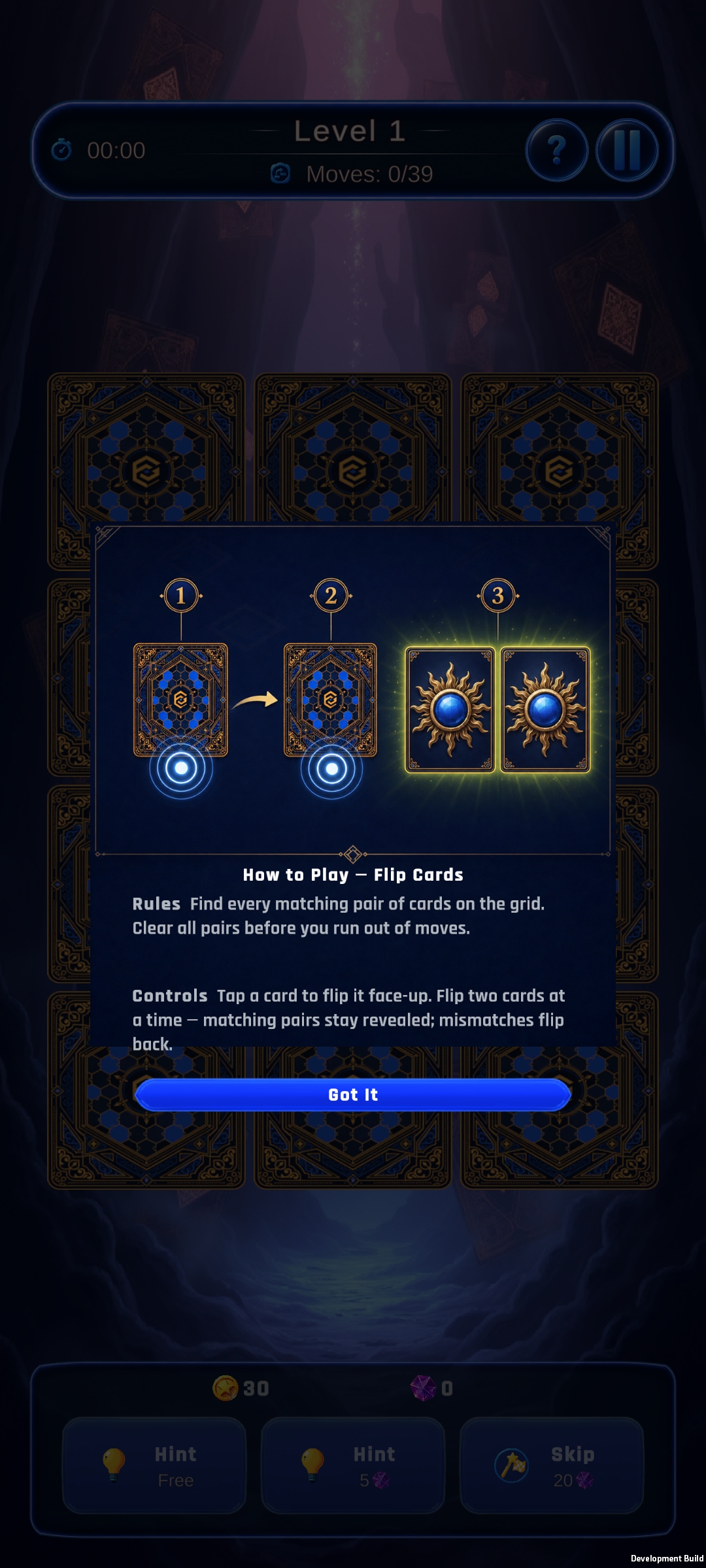 Flip Match how-to-play overlay on a grid of cards
