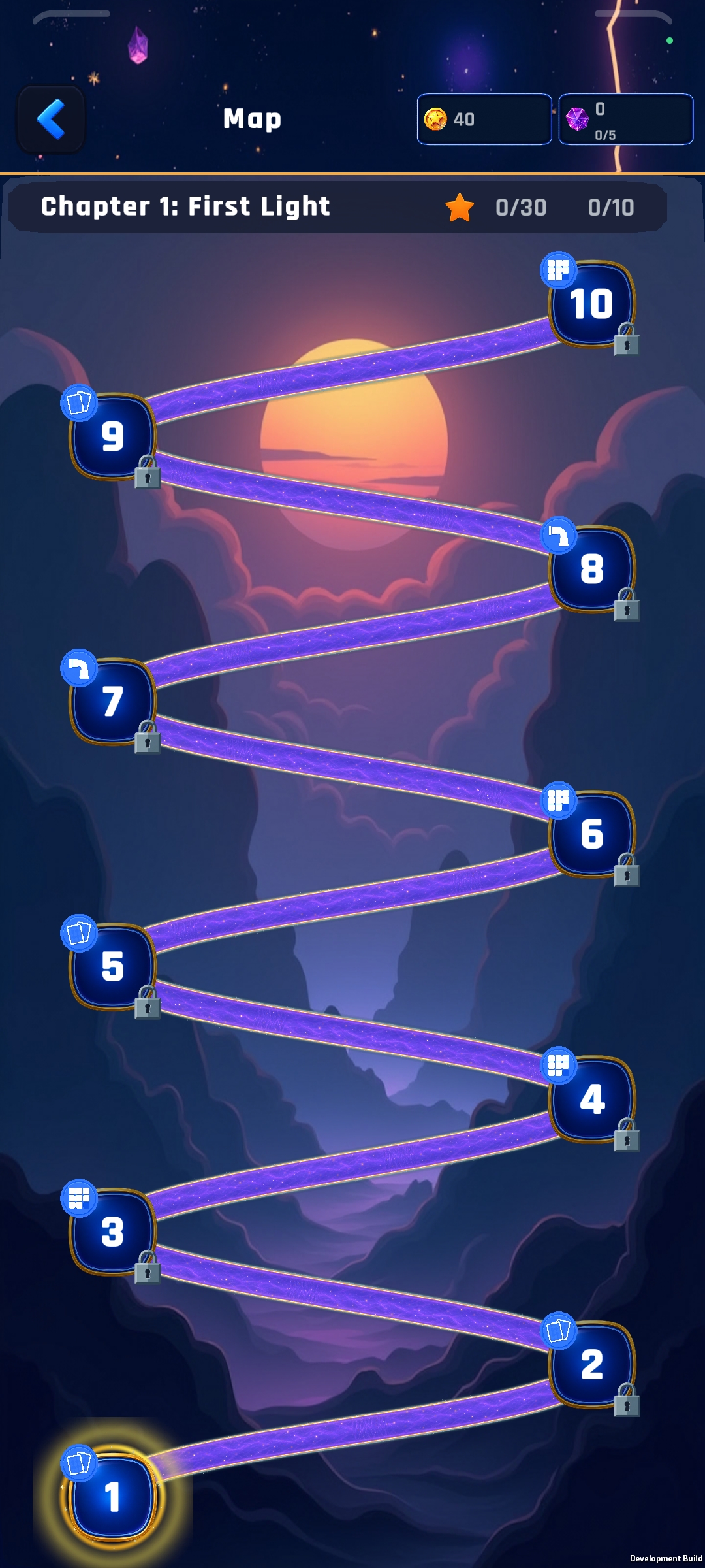 Chapter map for First Light with a path of puzzle levels